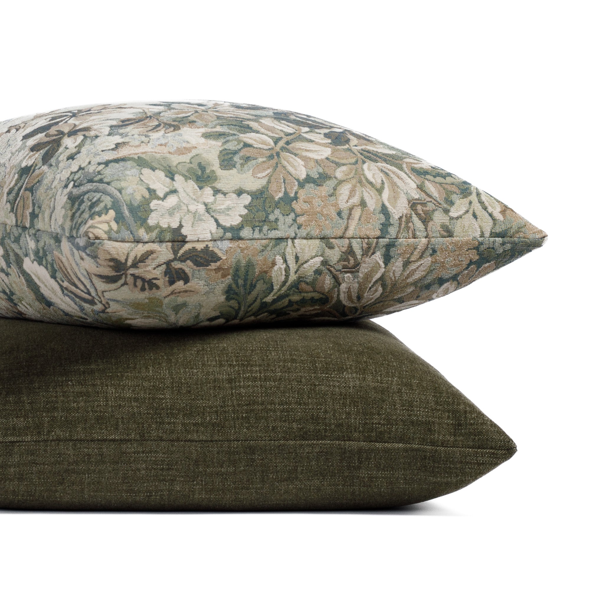 Stacked pillows: Manor Tapestry 20x20 Sage with Manor Tapestry Moss and Bedford Moss pillows by Tonic Living.