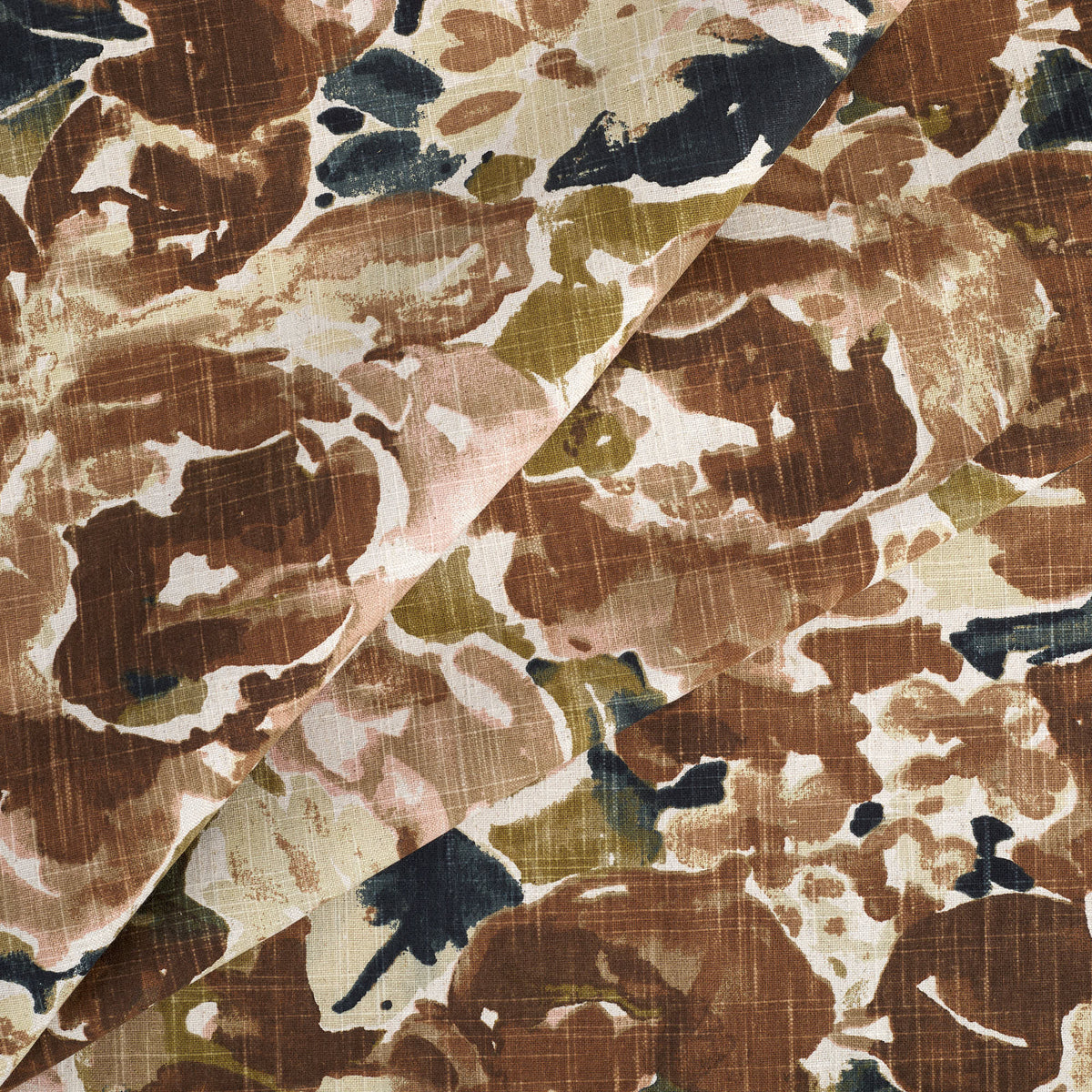 Tonic Living Marbella Fabric in Inkwell, a multicolour abstract floral fabric featuring expressive blooms in rich browns and blue.
