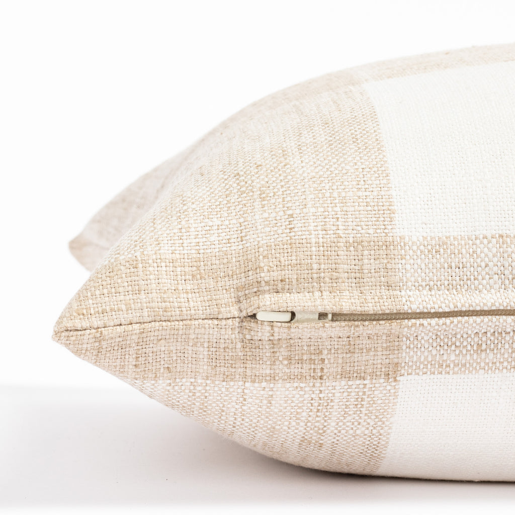 a soft white and sandy beige buffalo check patterned pillow : close up pillow cover zipper 