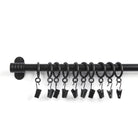 Tonic Living Black café rod rings with clips installed on café curtain rod and outside mount brackets.