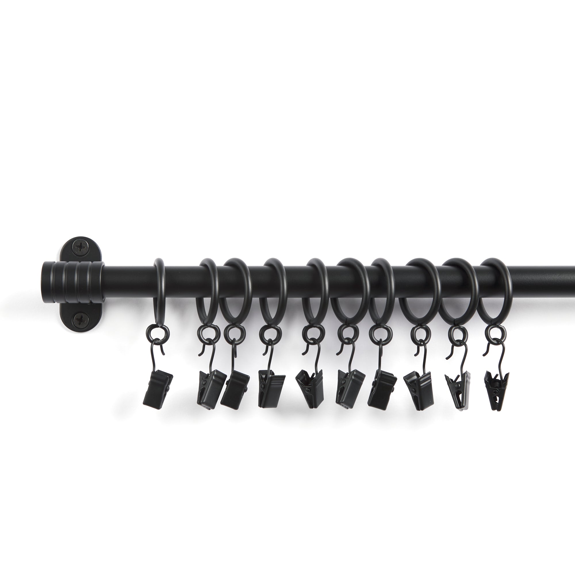 Tonic Living Black café rod rings with clips installed on café curtain rod and outside mount brackets.