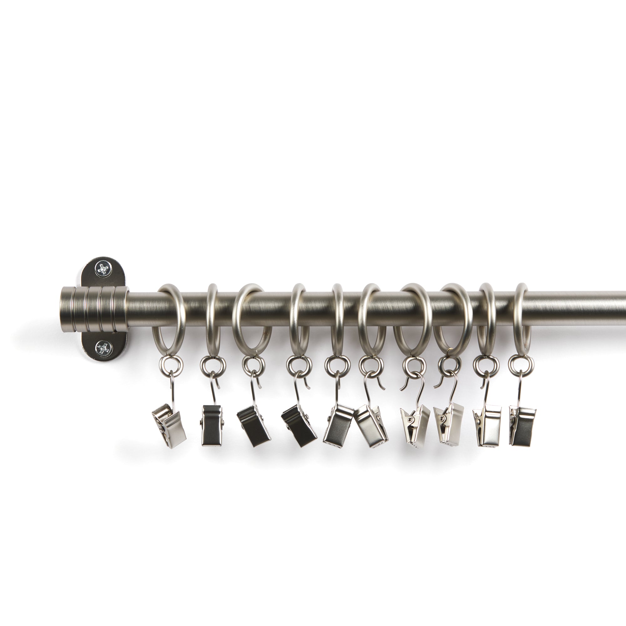 Tonic Living Pewter café rod rings with clips installed on café curtain rod and outside mount brackets.