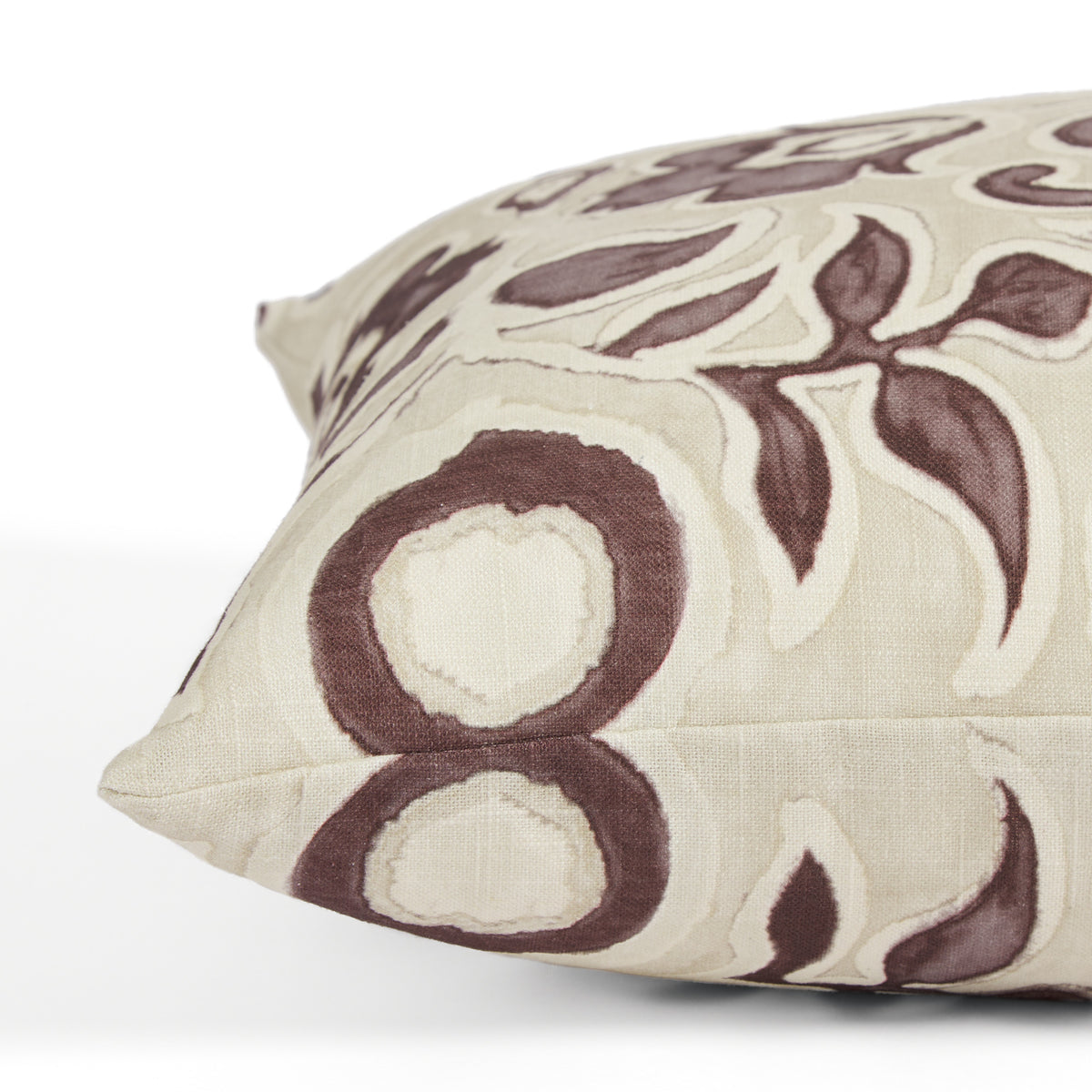 Side view of Tonic Living Paloma Mauve toss cushion highlighting its stylized mauve floral pattern and soft neutral palette.