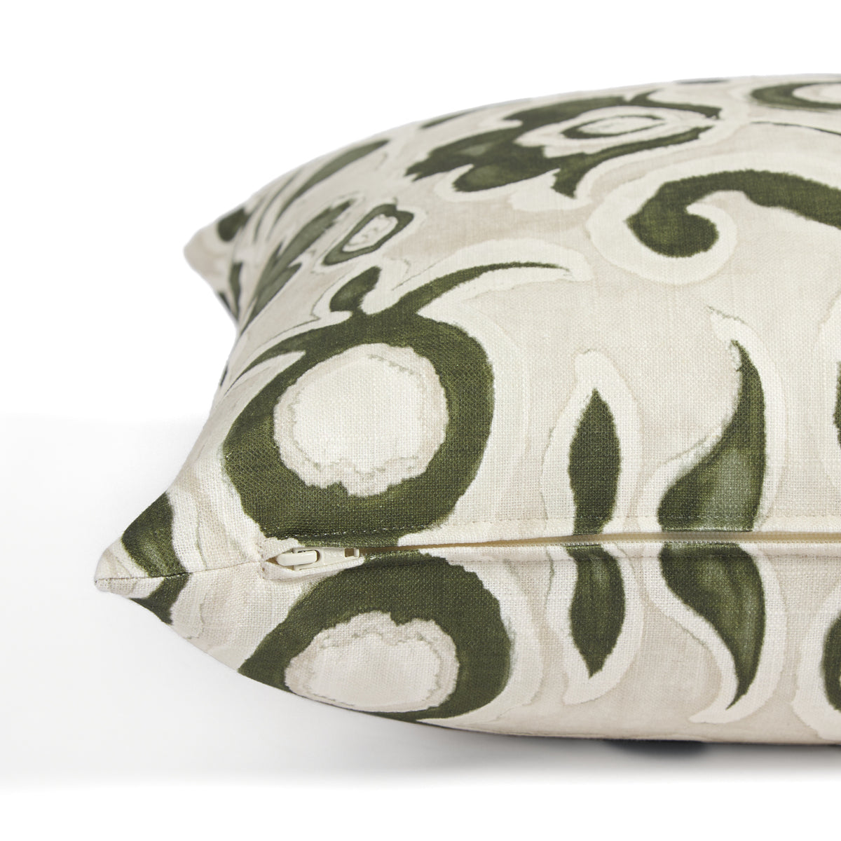 Side zipper detail of Tonic Living Paloma 20x20 decorative cushion featuring an olive green and oatmeal floral pattern.