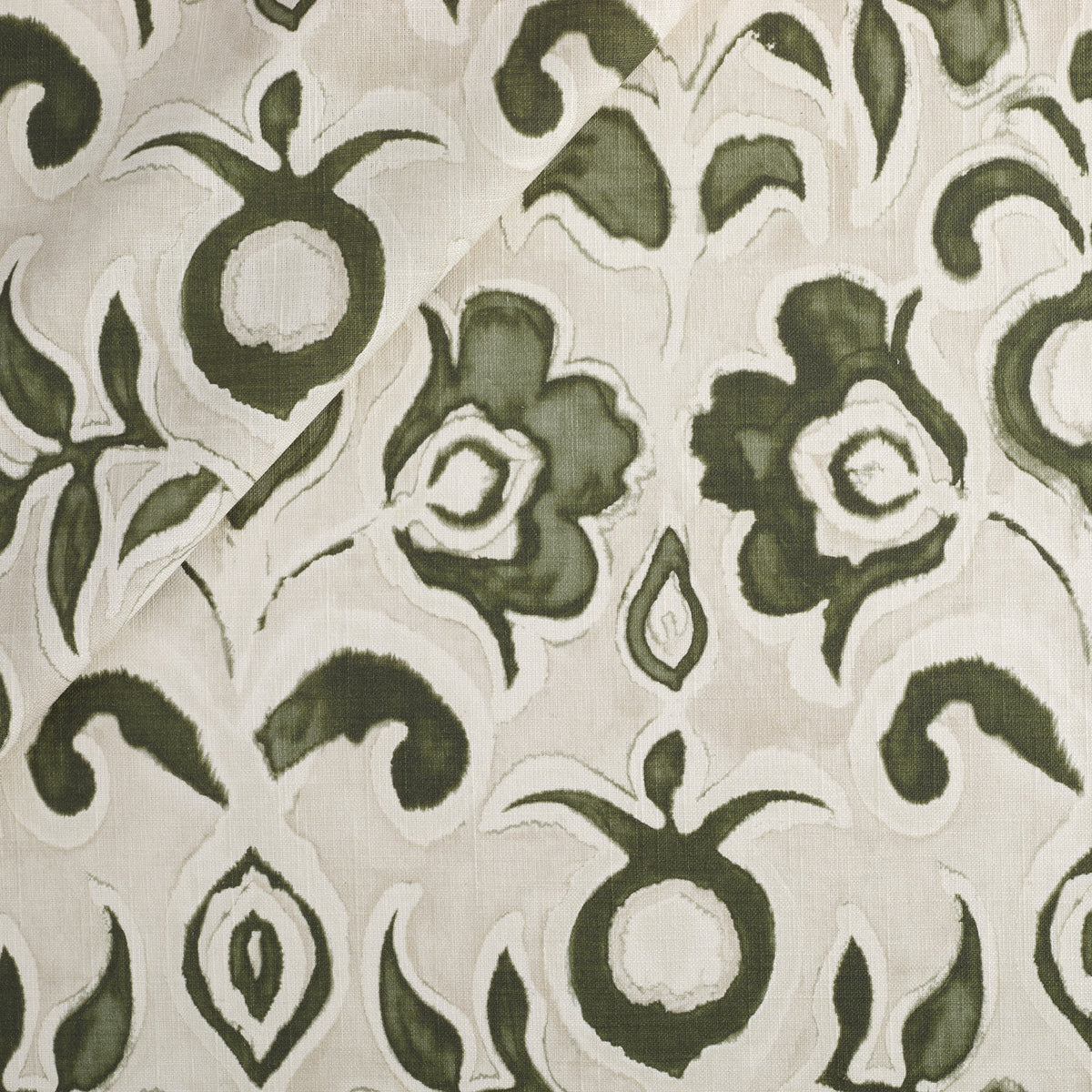 Tonic Living Paloma Fabric in Olive, an olive green floral drapery fabric with bold blooms and scrolling leaves on an oatmeal beige ground.