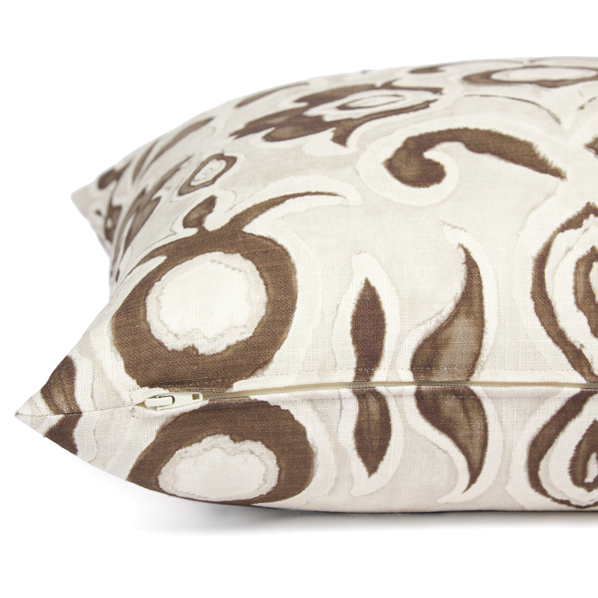 Side zipper detail of Tonic Living Paloma 20x20 decorative cushion featuring a coffee brown and oatmeal floral pattern.