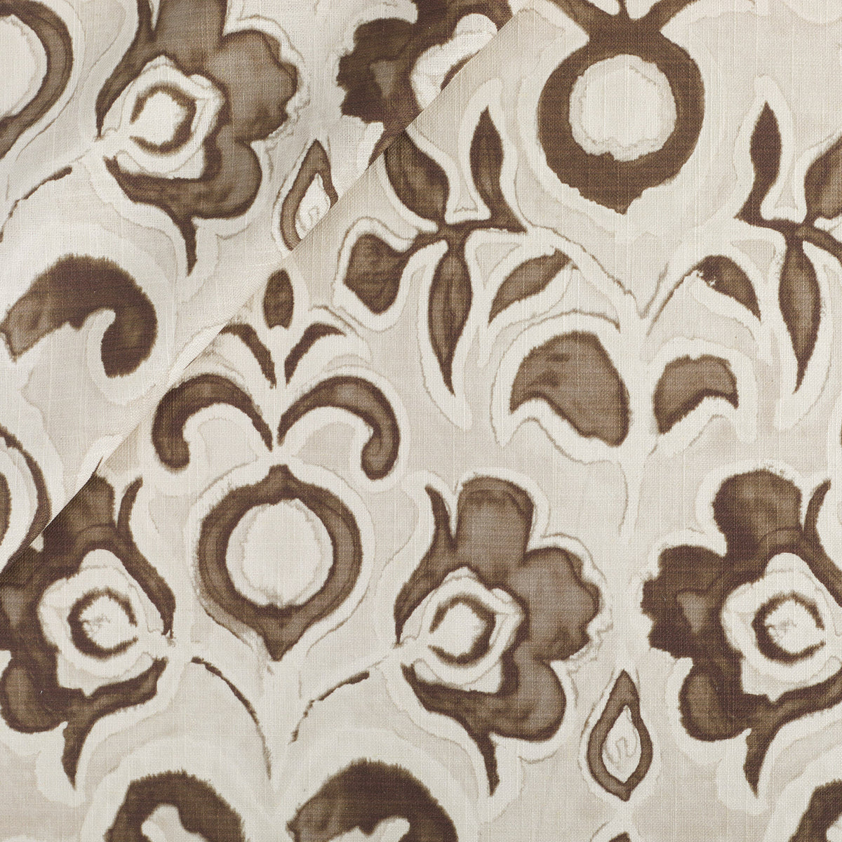 Tonic Living Paloma Fabric in Walnut, a coffee brown floral drapery fabric with bold blooms and scrolling leaves on an oatmeal beige ground.