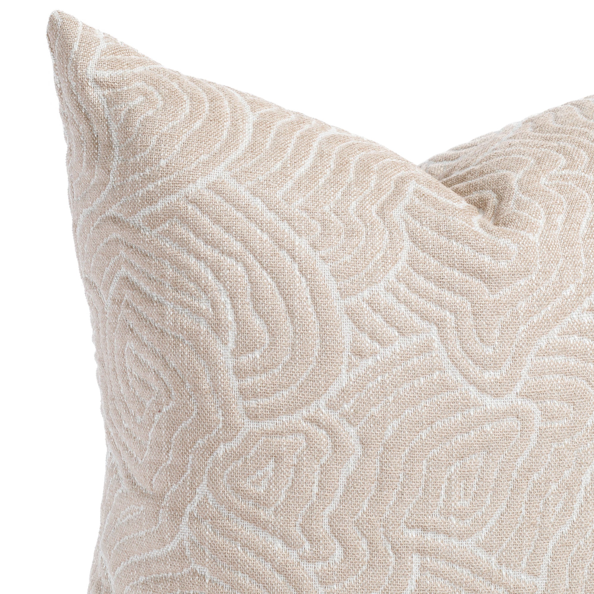  a quilted abstract rose patterned pink throw blush pillow: close up view