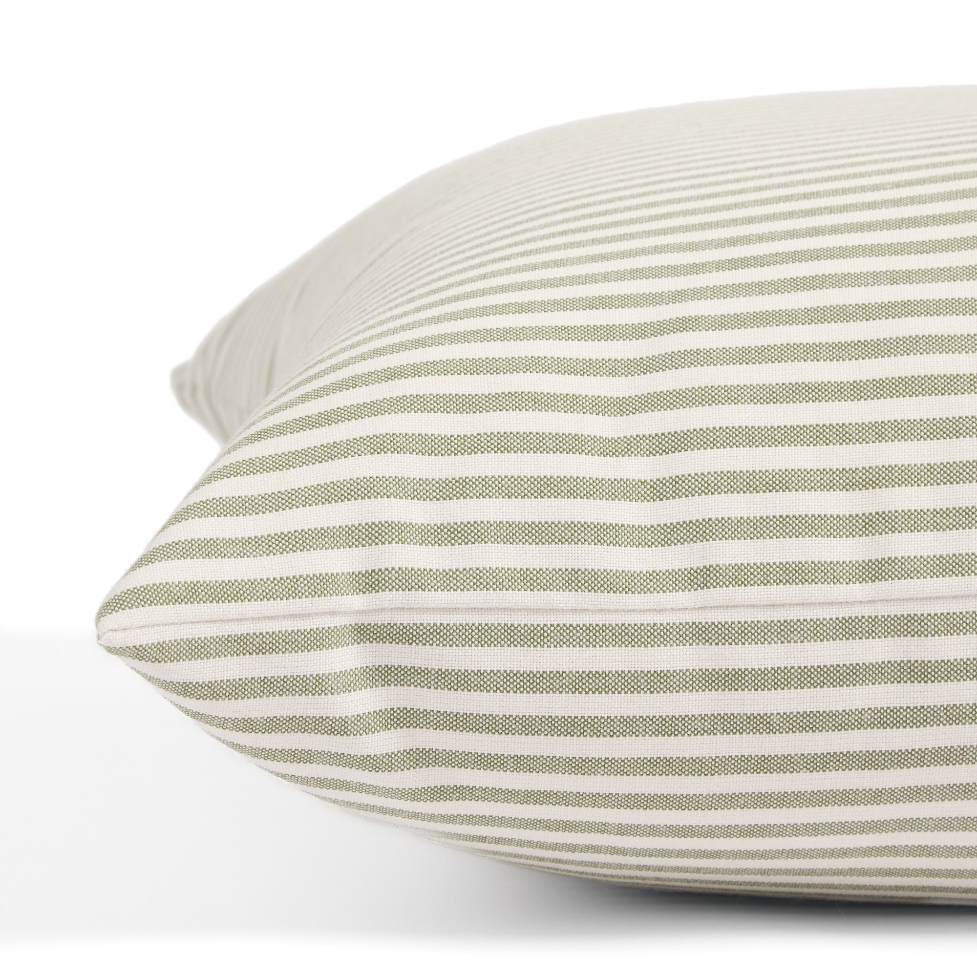 Side view of Tonic Living Refresh Hedge decorative cushion highlighting its classic green and white ticking stripe.