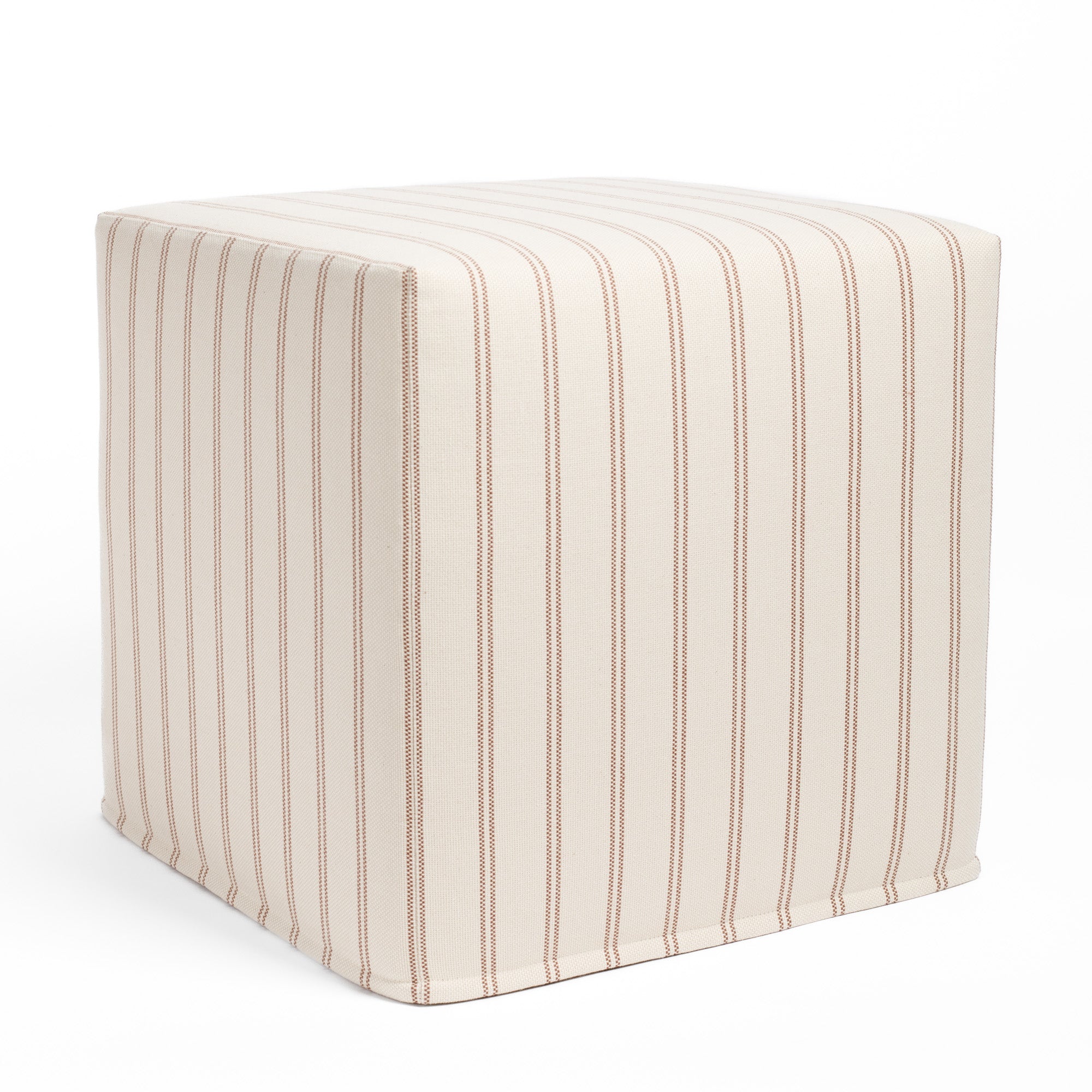 Tonic Living Rexton Stripe Ottoman, Merlot — cube ottoman in burgundy and beige with durable high-performance upholstery.