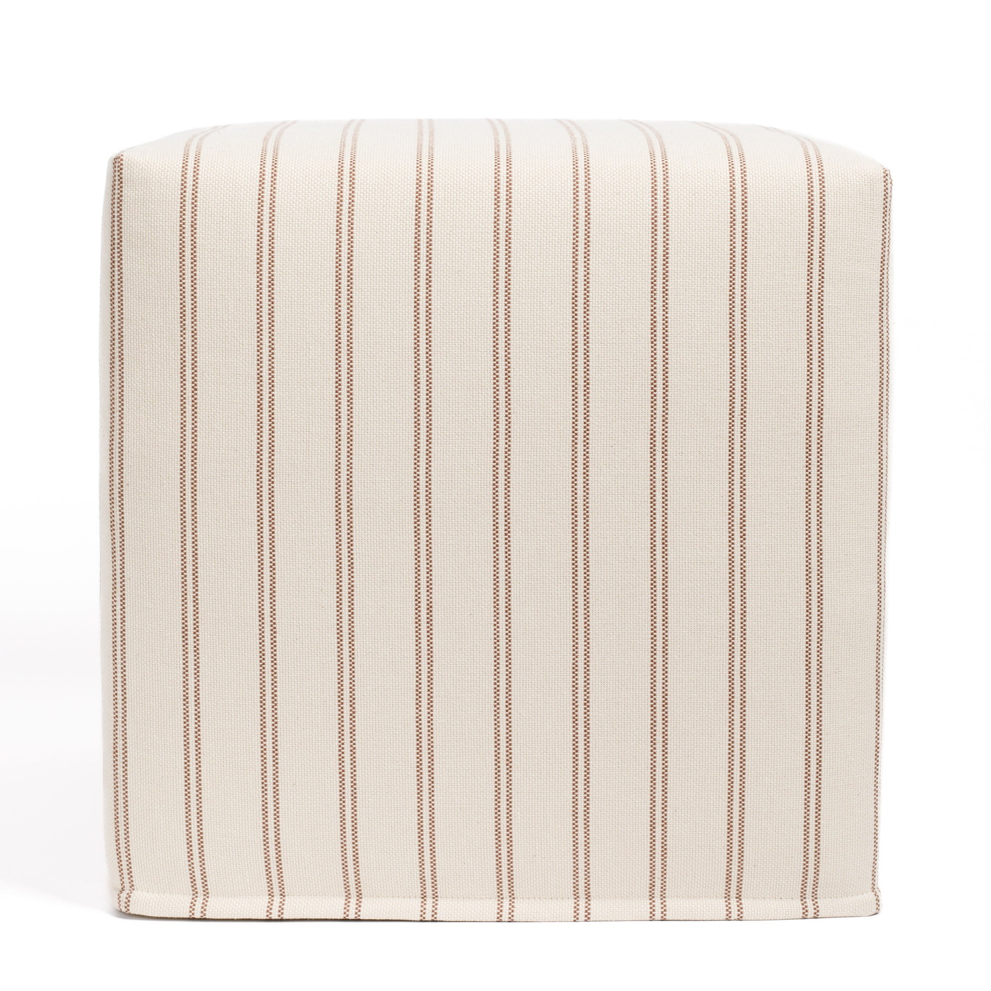 Tonic Living Rexton Stripe Merlot cube ottoman, a tailored accent piece in burgundy red and beige upholstery.