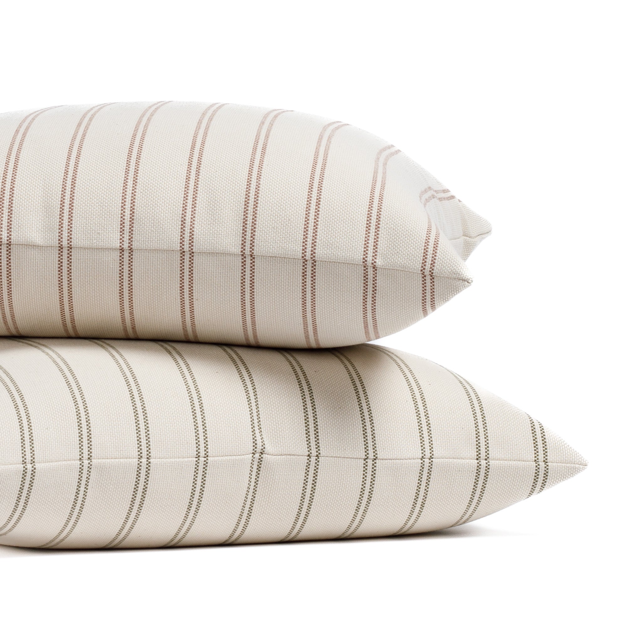 Stacked pillows: Tonic Living Rexton Stripe 20x20 Pillows in Merlot red and Moss green, classic stripe decorative cushions.