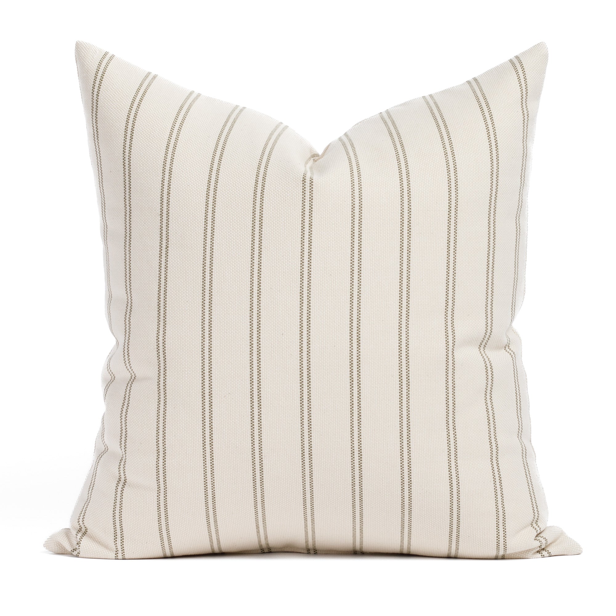 Tonic Living Rexton Stripe 20x20 Pillow, Moss — throw pillow in moss green and beige ticking stripes with subtle vintage charm.
