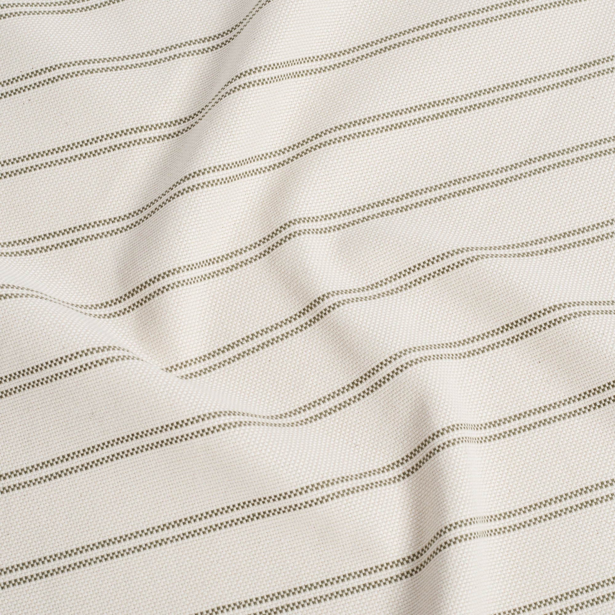 Durable Tonic Living Rexton Stripe Moss upholstery fabric featuring classic horizontal stripes in moss green and beige, timeless home decor fabric.