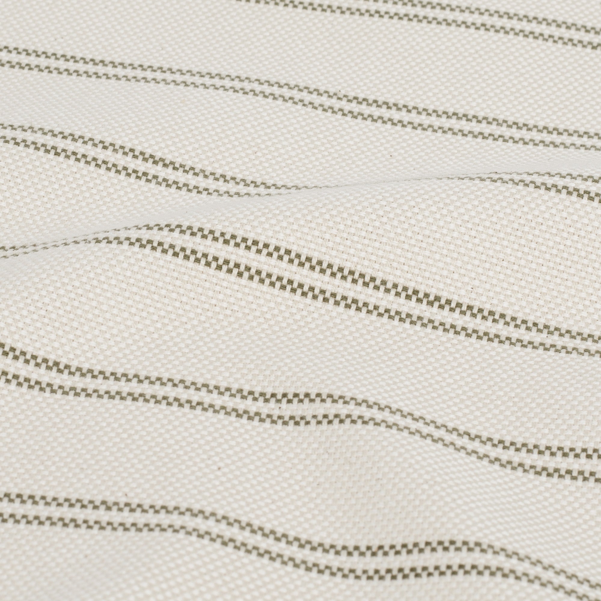 Tonic Living Rexton Stripe Fabric, Moss — high-performance home decor fabric with double horizontal ticking stripes in olive green and oatmeal tones.