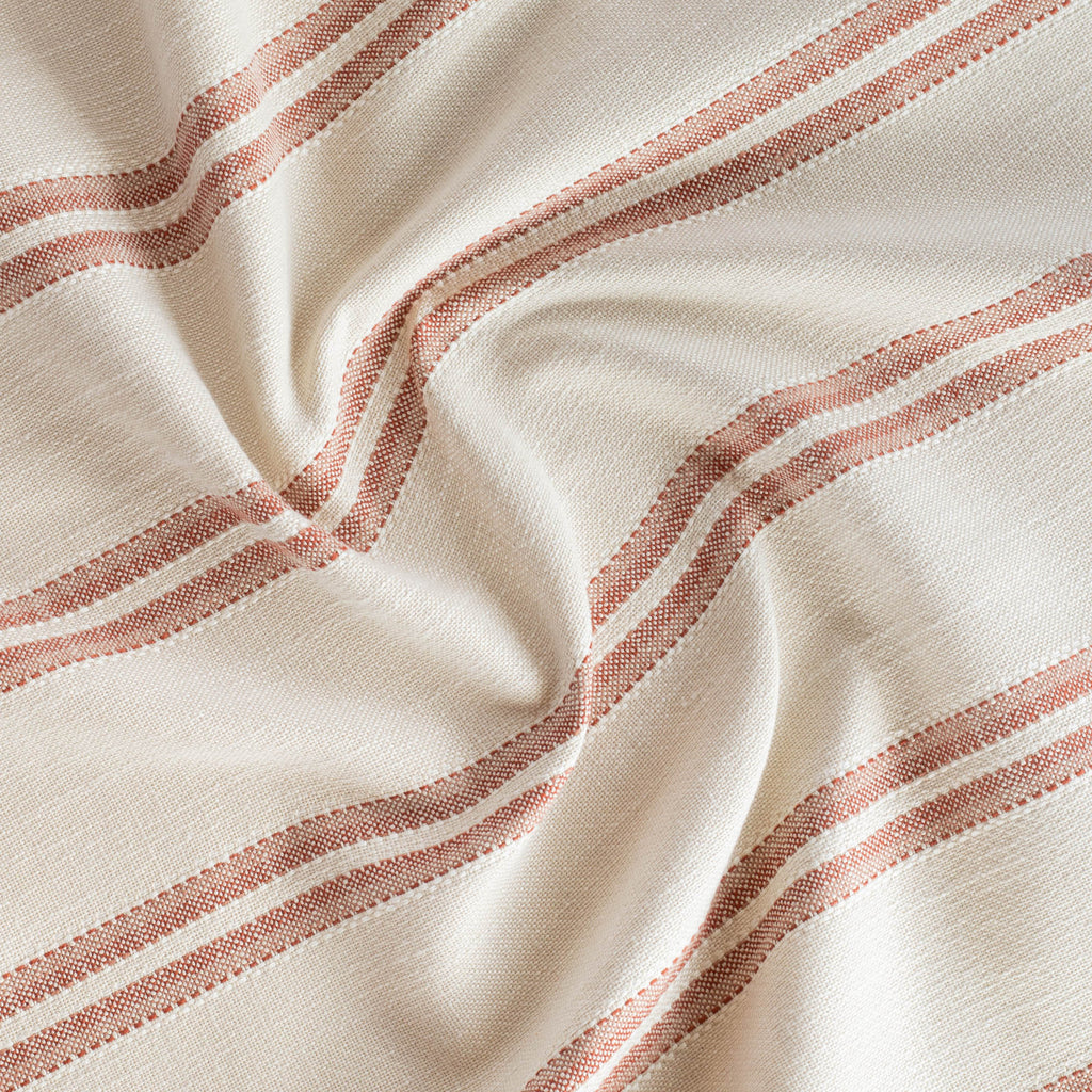 Riviera InsideOut Clay, a sandy taupe and ruby red stripe indoor outdoor fabric from Tonic Living