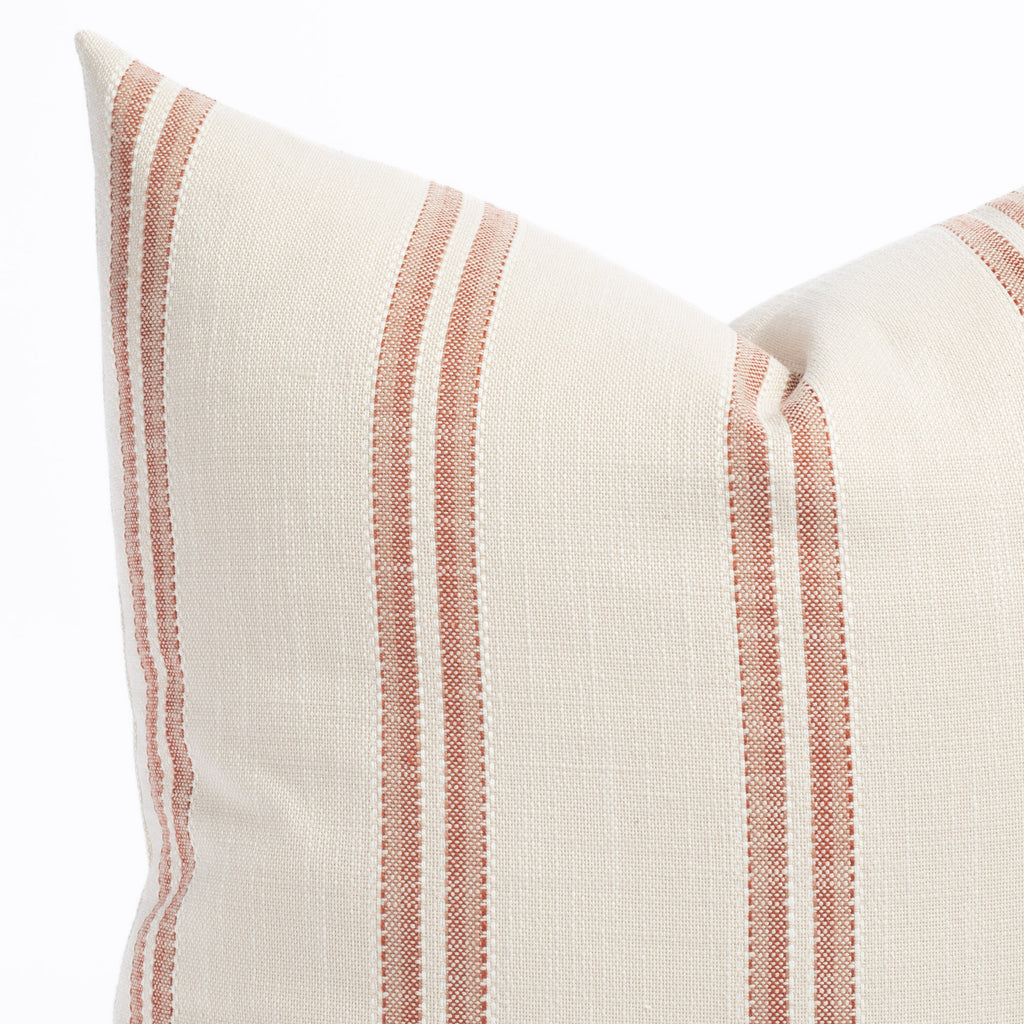 a venetian red and sandy taupe striped outdoor throw pillow : close up view