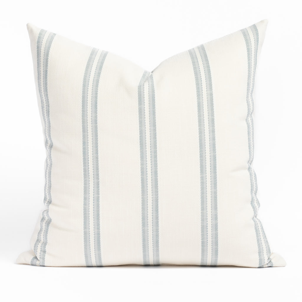 Riviera Stripe 22x22 Pillow Mist, a white and chambray blue striped outdoor throw pillow from Tonic Living