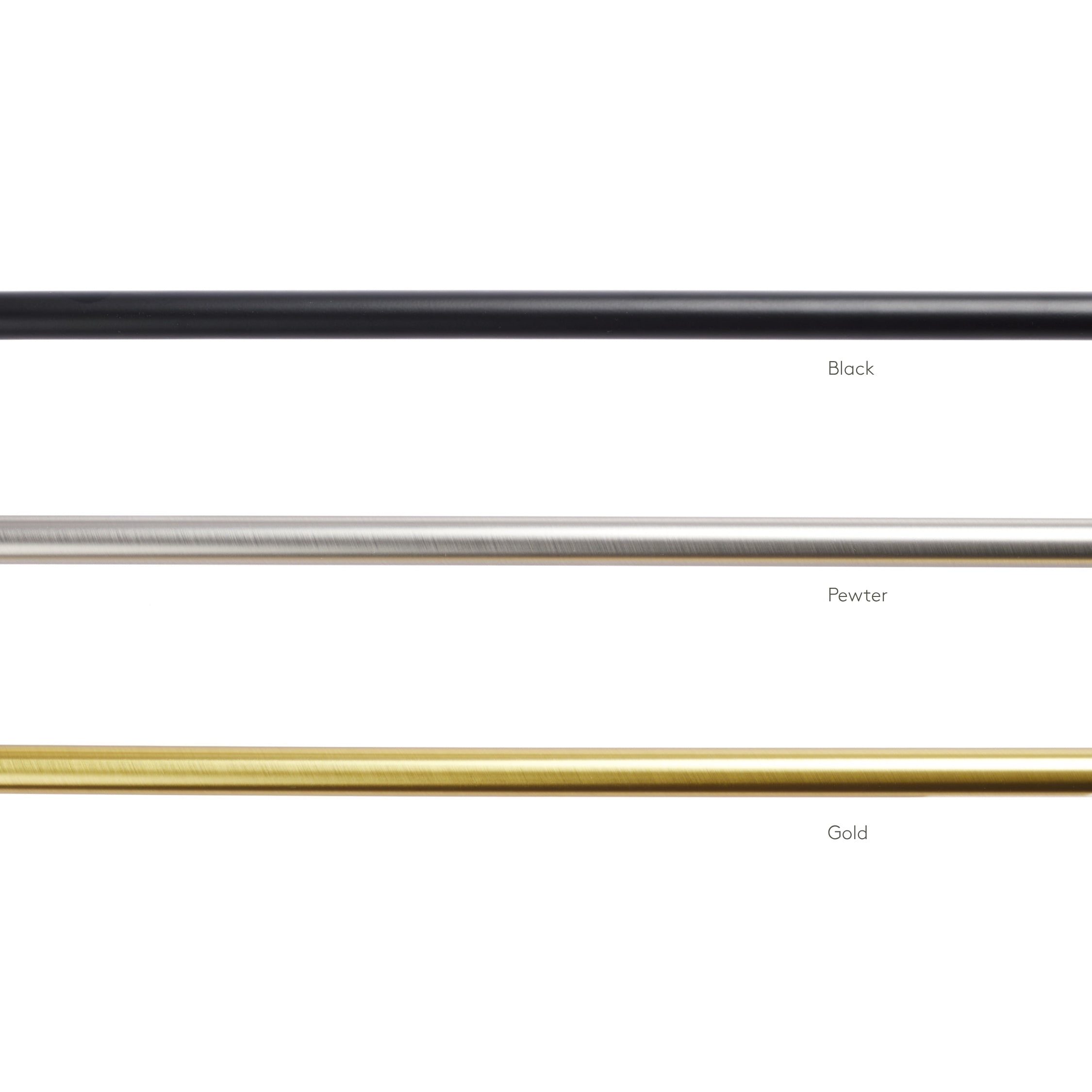 Tonic Living 6 ft café rod shown in Black, Gold, and Pewter.