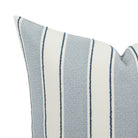 Close up of Tonic Living Sentiment outdoor pillow showing blue and white stripe detail with navy accents.