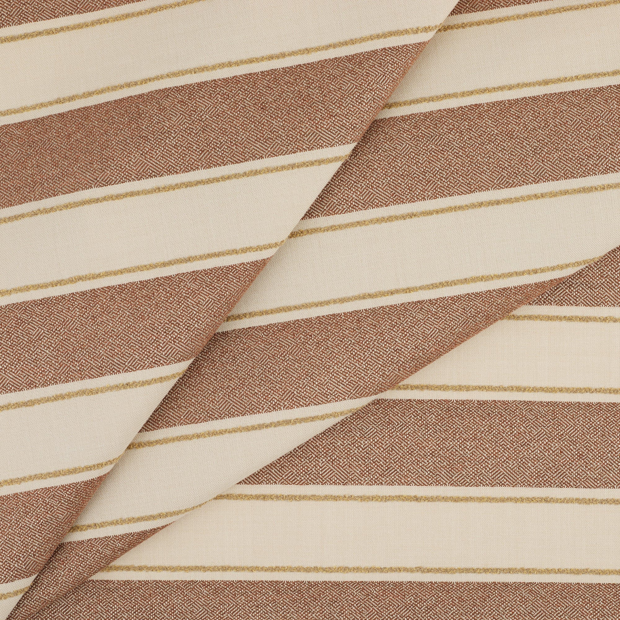 Tonic Living Sentiment Sunbrella Terracotta indoor/outdoor upholstery fabric featuring a wide stripe with wheat and beige tones.