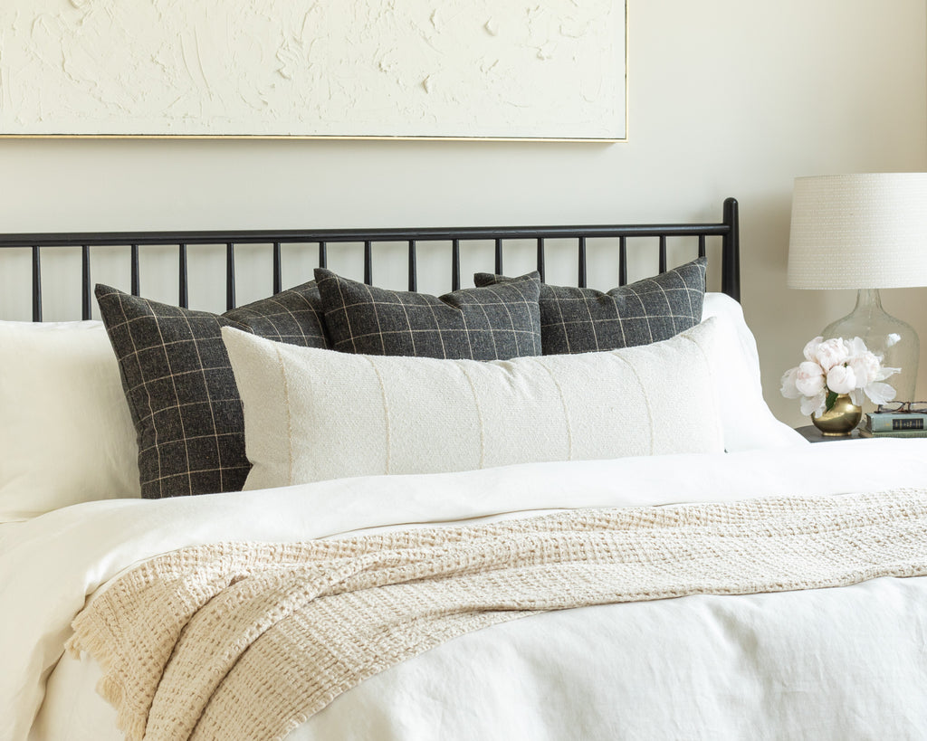 Charcoal Brown and Parchment Bed Pillow Pairing - charcoal brown windowpane throw pillows with a cream tonal striped bed bolster pillow