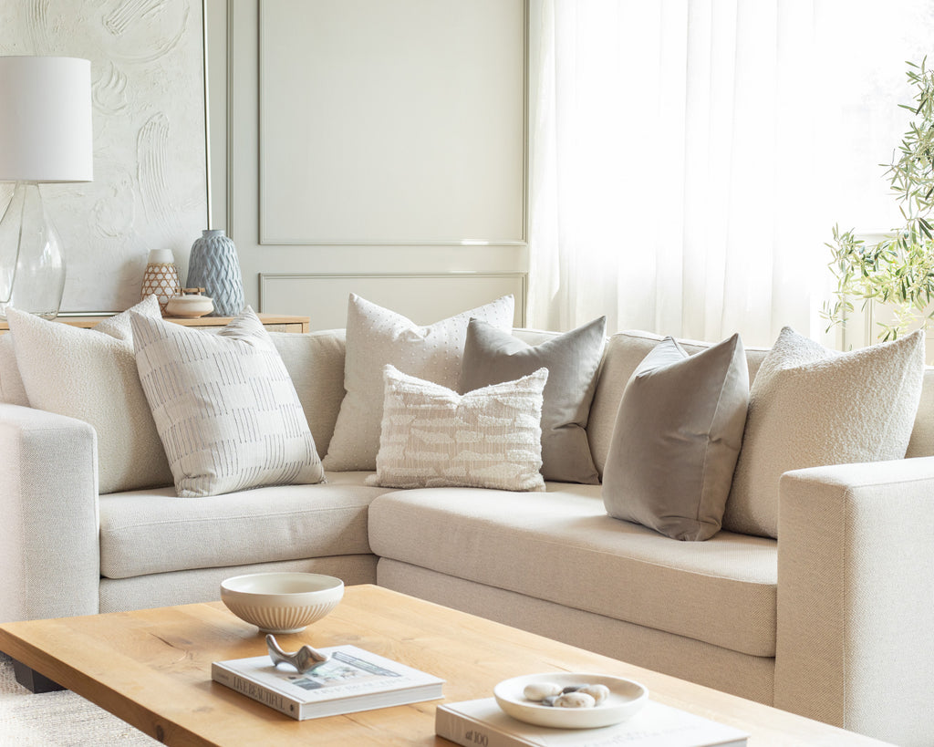 soft grey and cream textured sectional throw pillow pairing