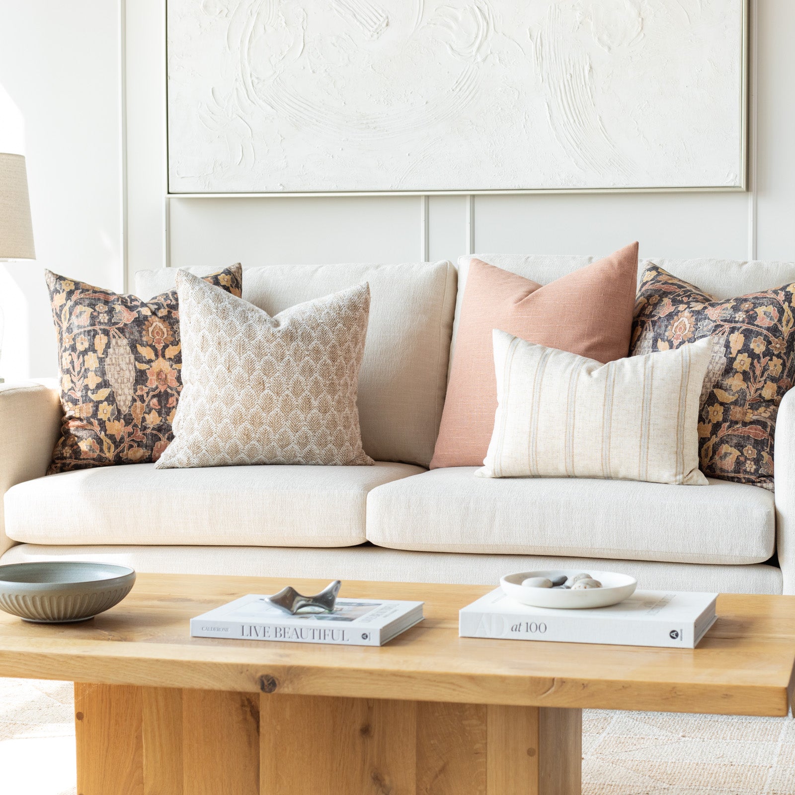 Terracotta and Earthy Neutrals Sofa Pillow Pairing: a combination of flax, terracotta and deep chestnut throw pillows