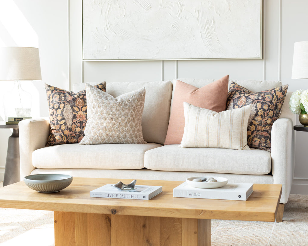 Terracotta and Earthy Neutrals Sofa Pillow Pairing: a combination of flax, terracotta and deep chestnut throw pillows