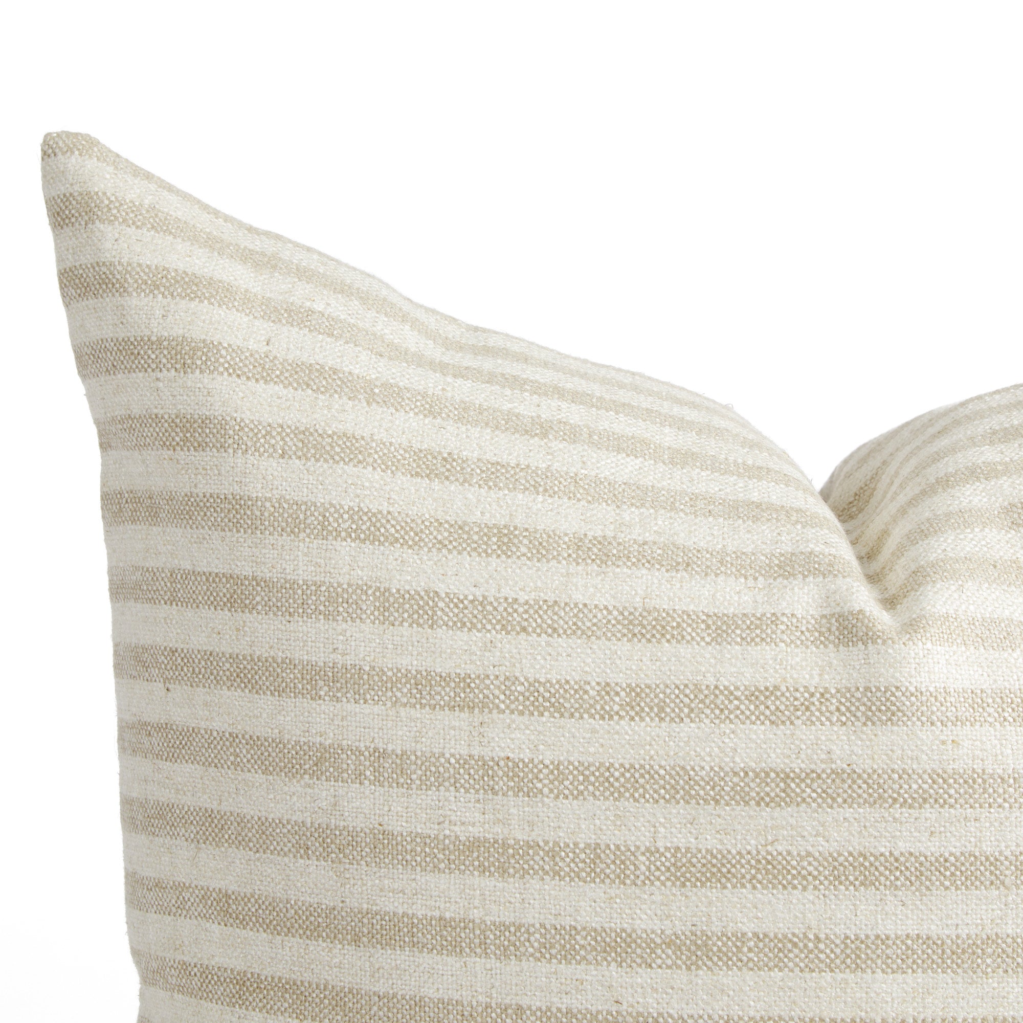 Close up of Tonic Living Somerset Stripe Oatmeal cushion showing sand and beige vertical stripe detail.