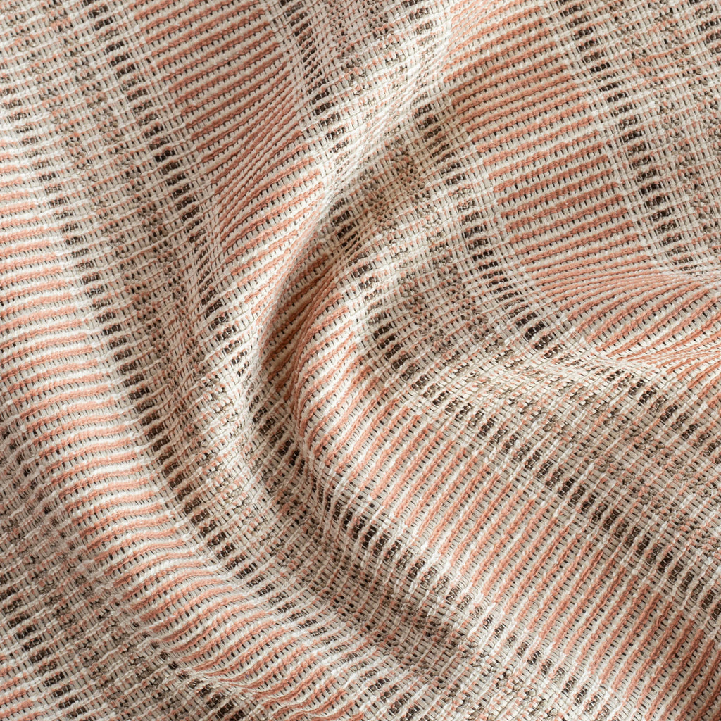 an earthy terracotta pink, brown and sand striped outdoor upholstery fabric : close up view 2