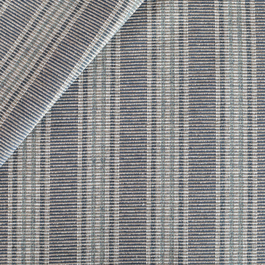 Sonoma Stripe InsideOut Fabric Deep Sea, a navy blue, aqua and sandy beige striped outdoor fabric from Tonic Living 