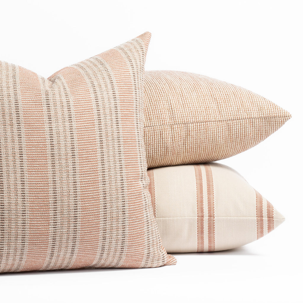 Tonic Living earthy terracotta throw pillows : Sonoma Stripe Clay, Riviera Stripe Clay and Aria Clay pillows