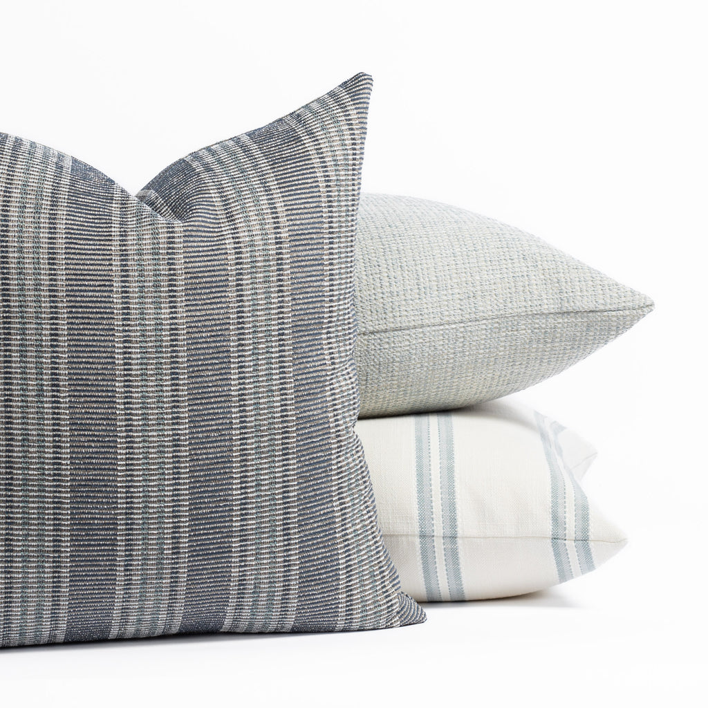 Tonic Living watery blue outdoor pillows : Sonoma Stripe Mist, Riviera Stripe Mist and Flynn Mist pillows