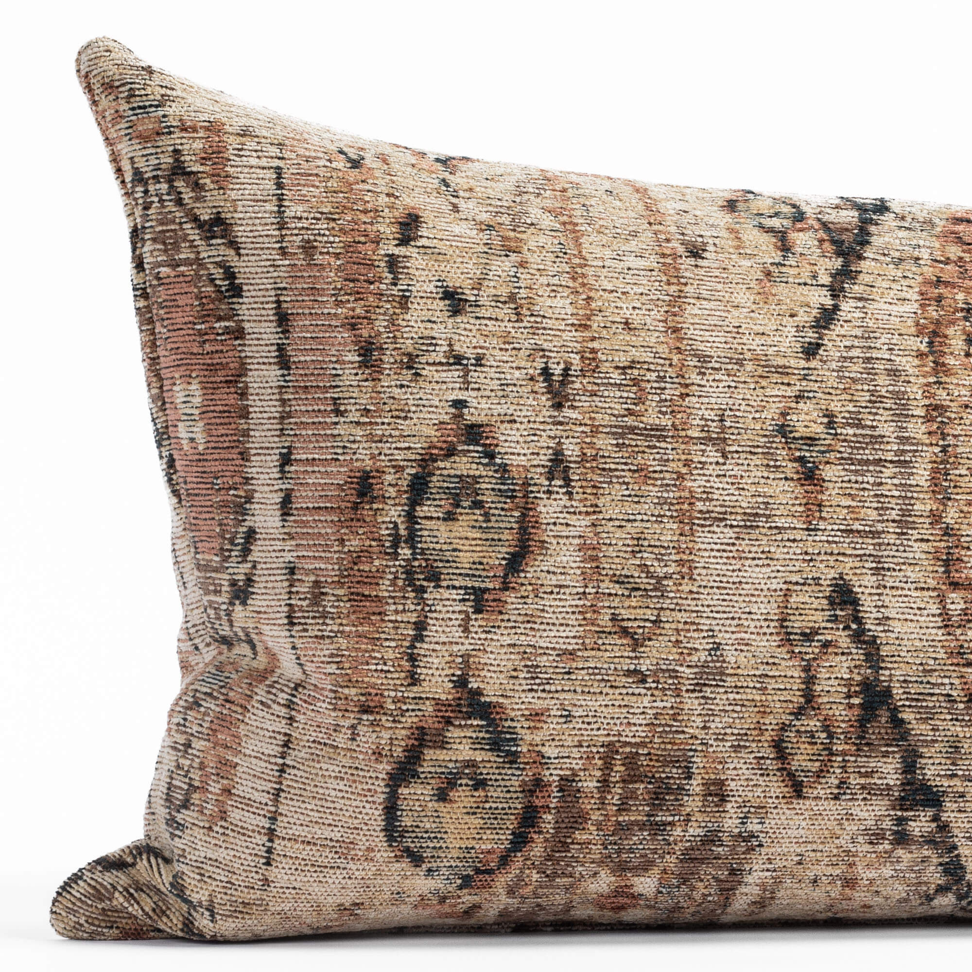 a sand, brown and rust vintage medallion woven tapestry patterned long lumbar pillow: close up view