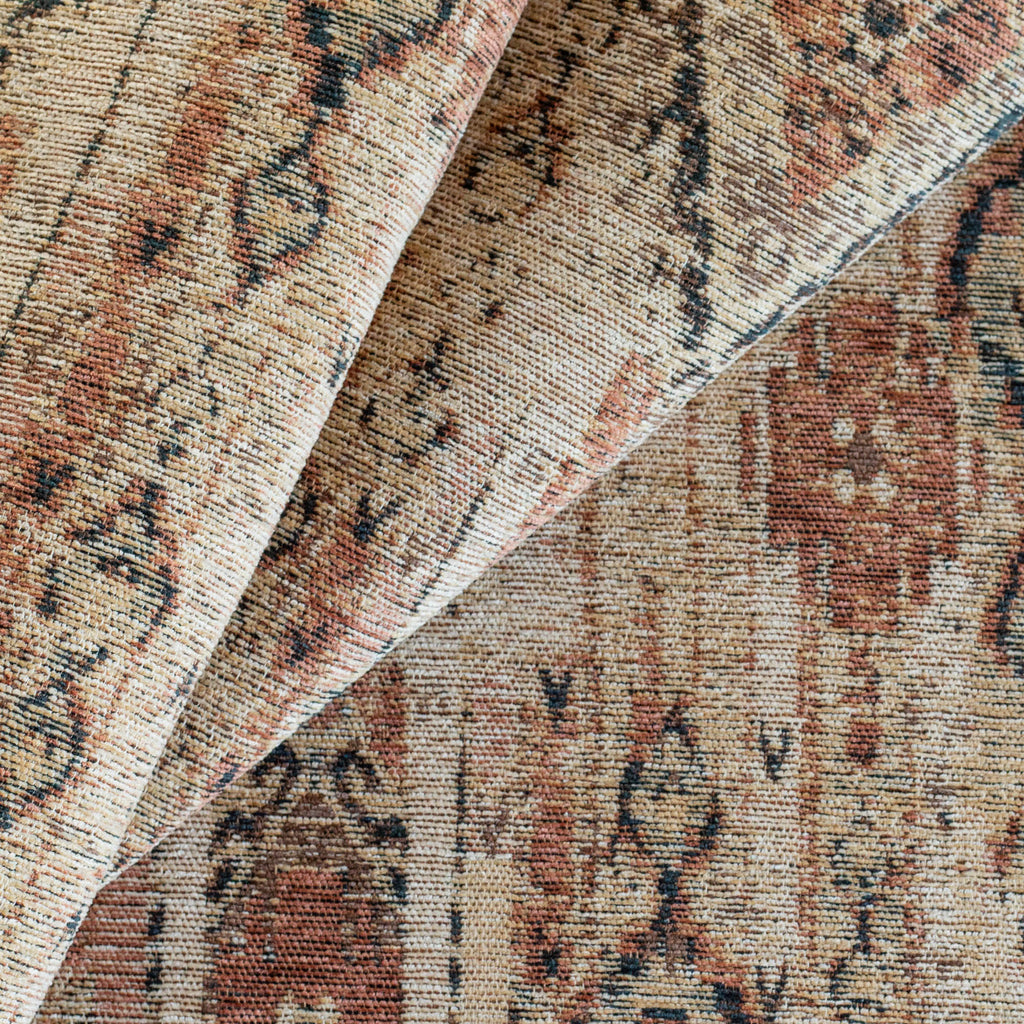 a sand, rosewood, chestnut and rust vintage tapestry patterned upholstery fabric : close up view 2