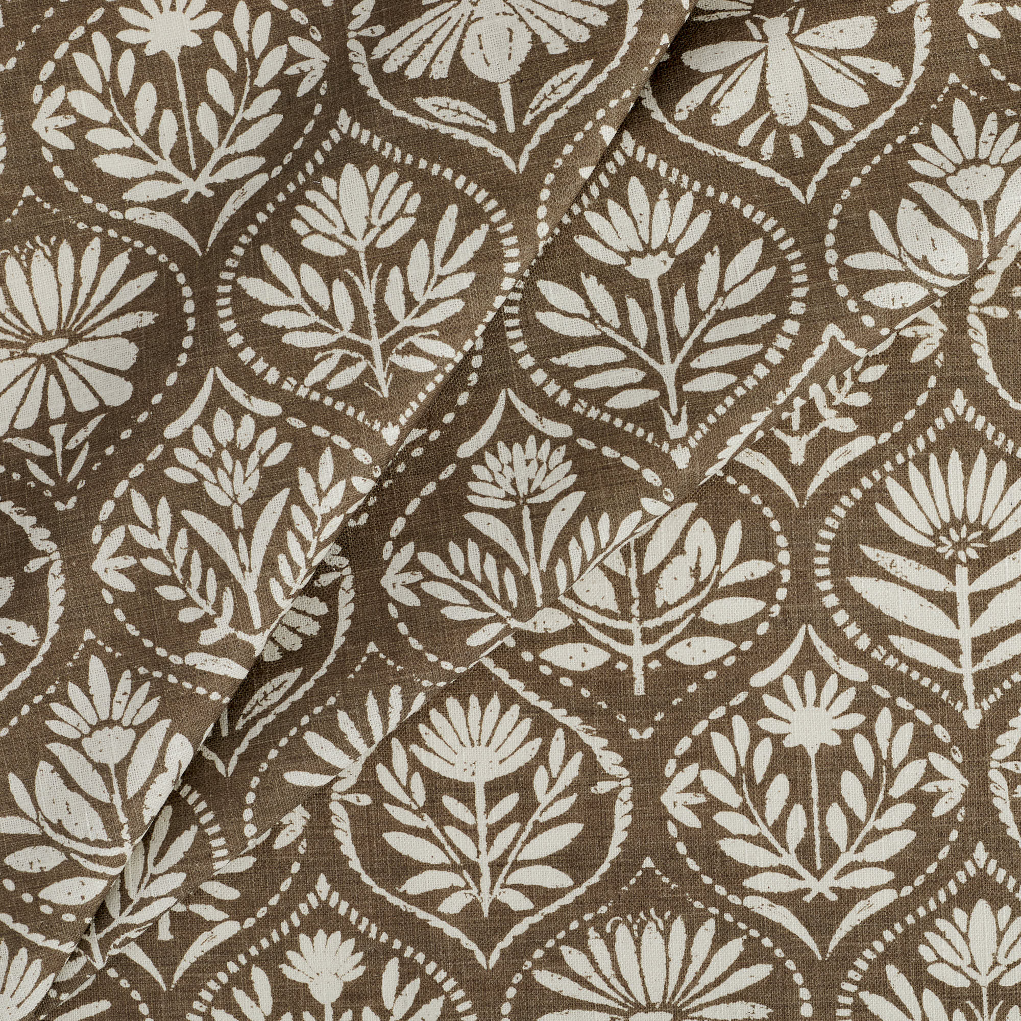 Tonic Living Stella Mocha fabric featuring a mocha brown and beige block print style pattern for curtains.