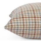 Side view close up of Vesper Plaid 20x20 plaid pillow in beige, blue, and brown by Tonic Living.