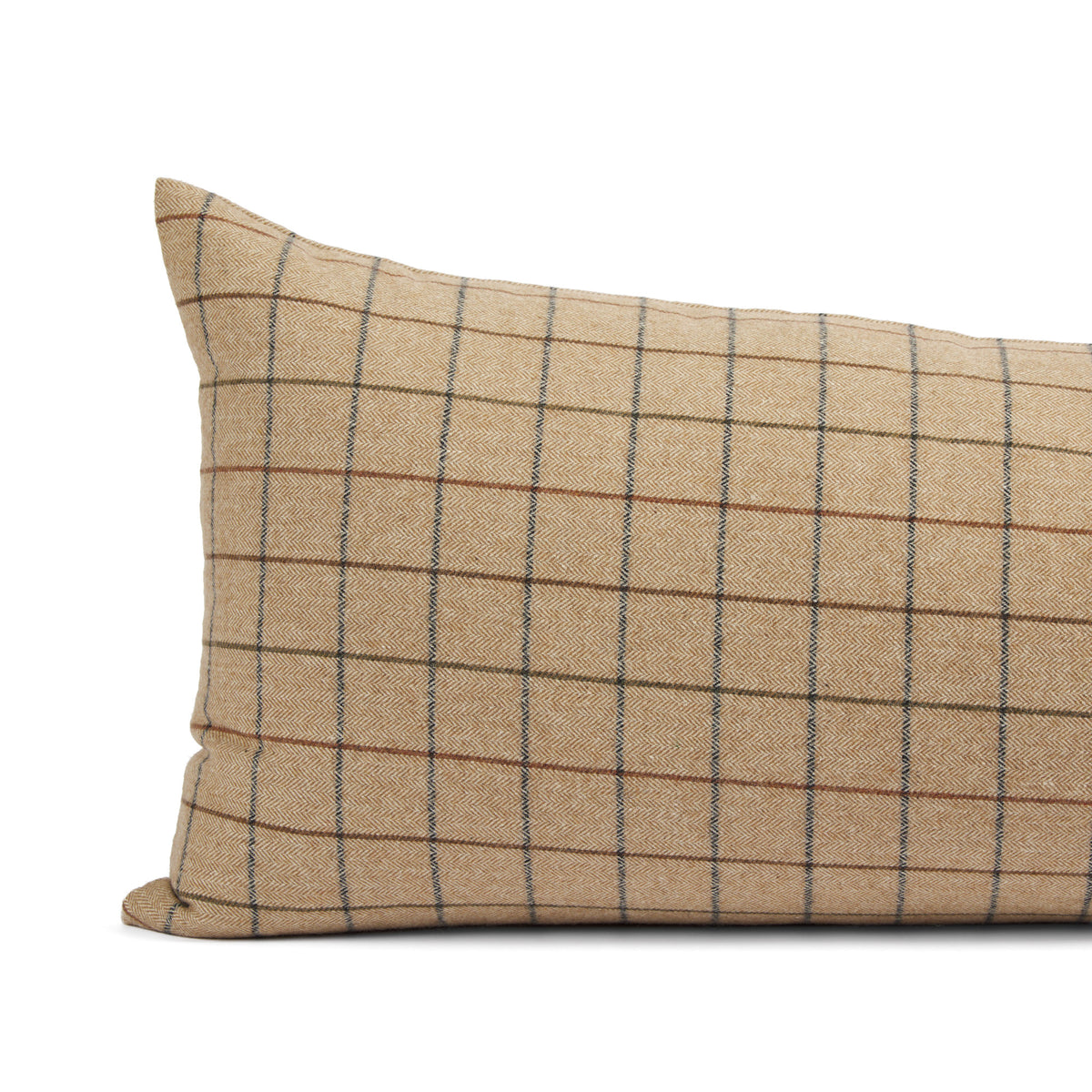 Close up of Tonic Living Walker Plaid Camel bolster pillow showing brown and navy windowpane lines with a fine herringbone weave.