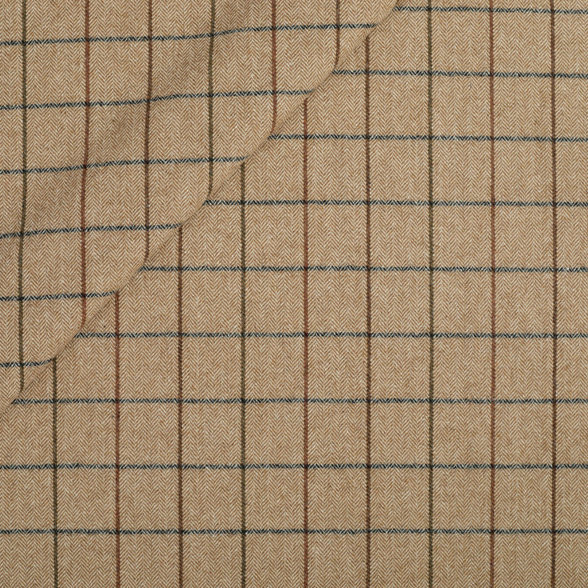 Tonic Living Walker Plaid Fabric in Camel, a camel and brown windowpane check multi-use fabric with a fine herringbone weave.
