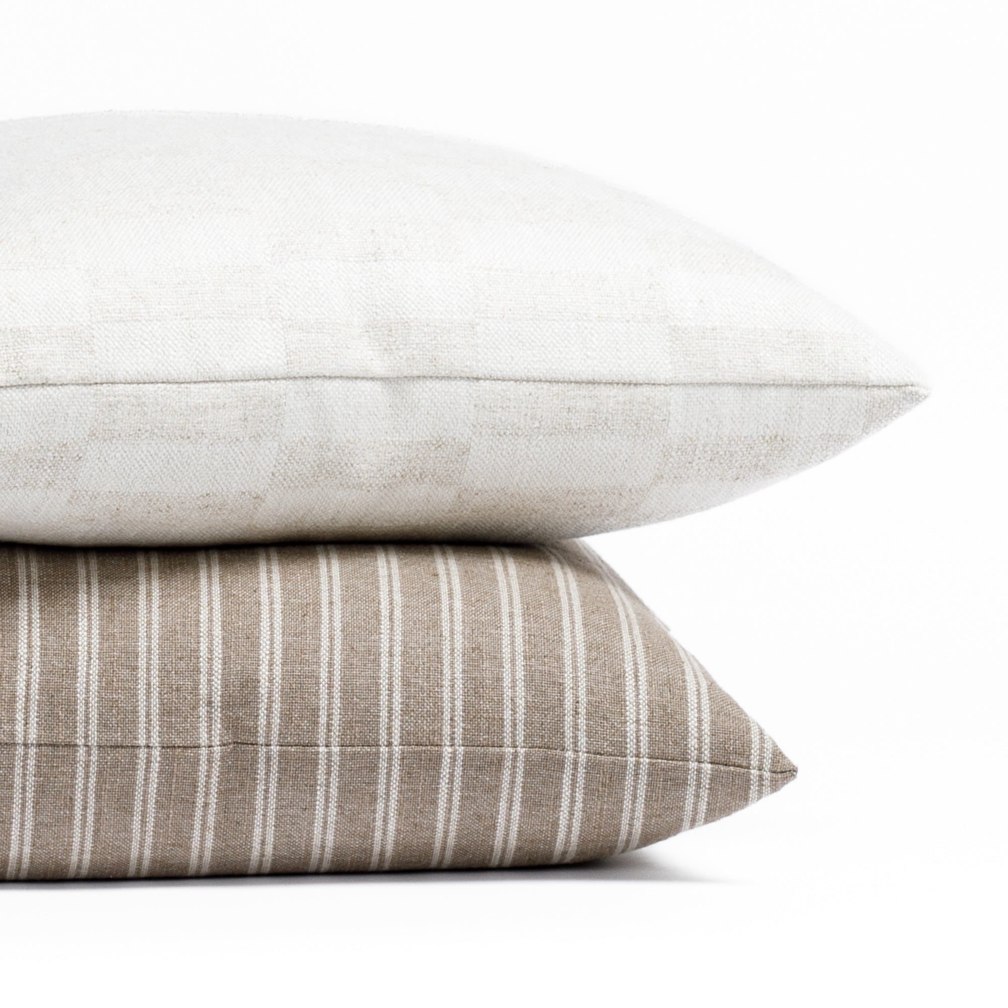 Modern neutral stripes and check patterned throw pillows: Webster Check and Conway Stripe Bark throw pillows