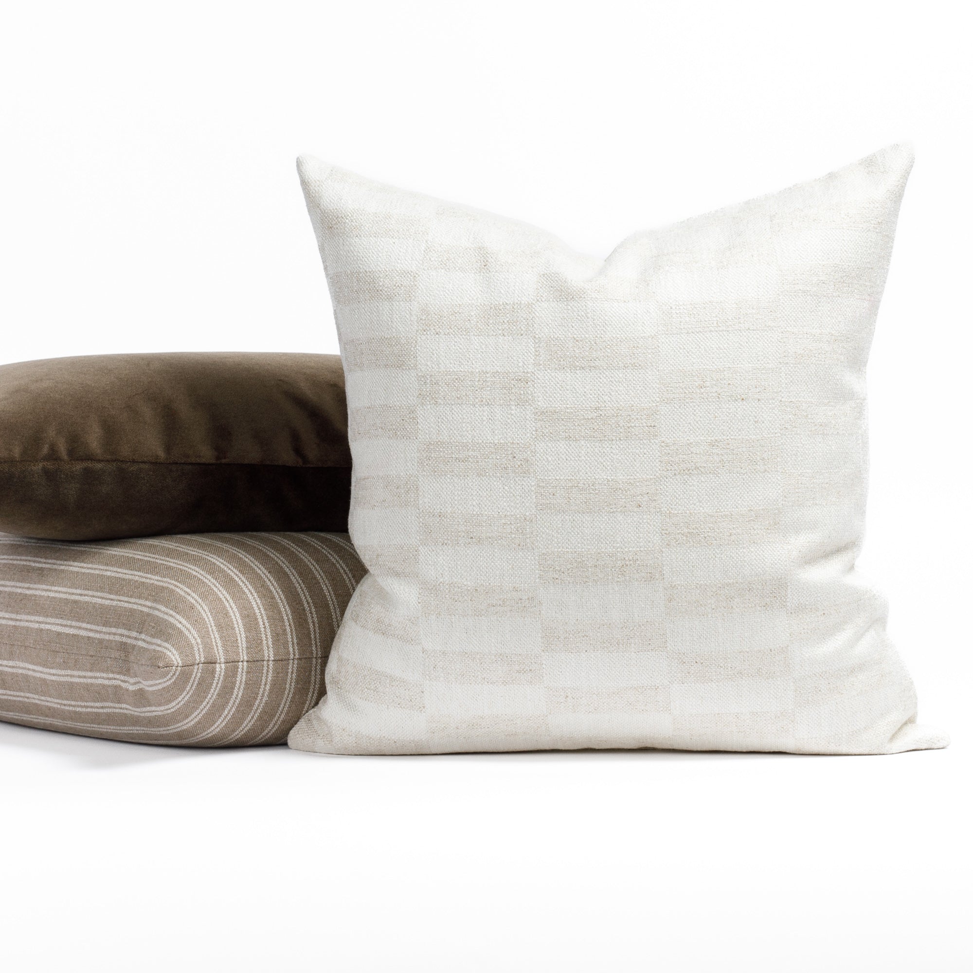 Neutral throw pillows : Webster Buff, Conway Stripe Bark and Valentina Velvet Truffle Throw Pillows 