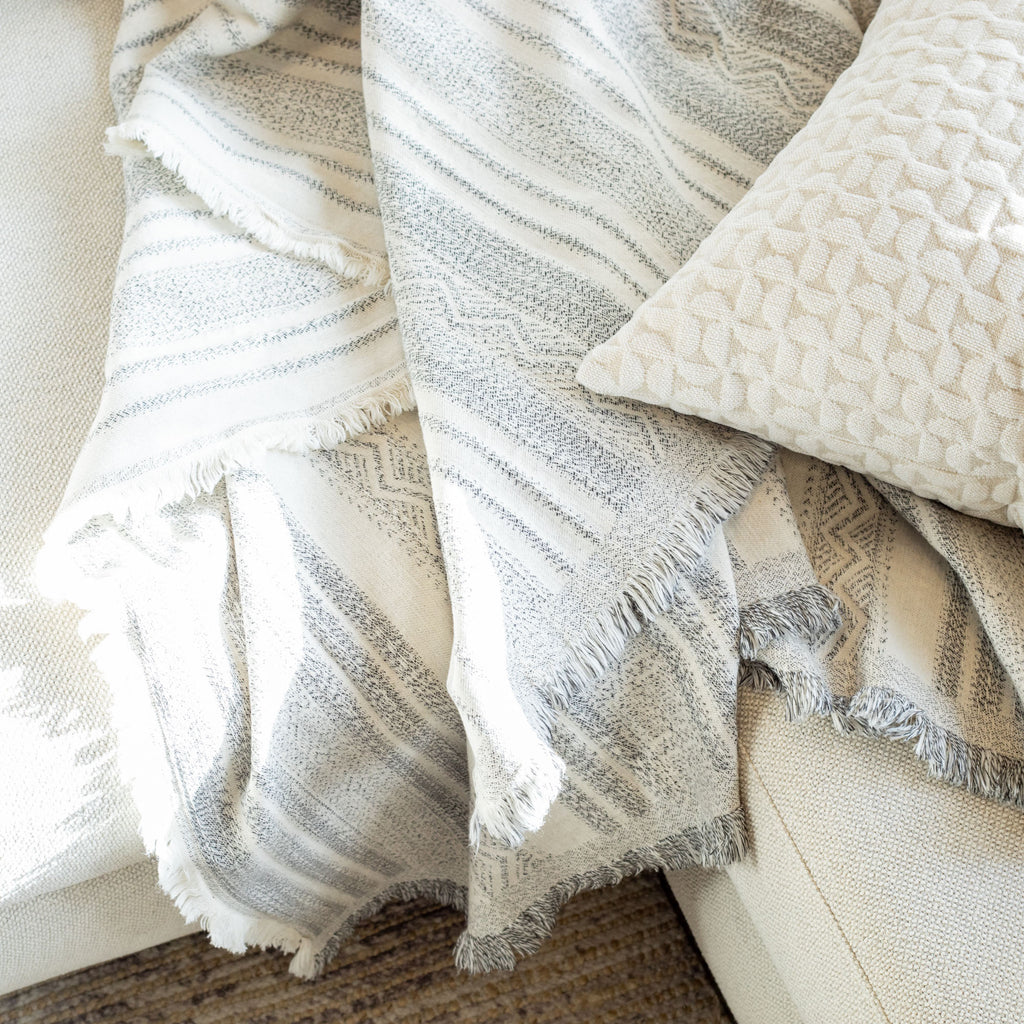 a cream and black wabi sabi striped throw blanket : close up view