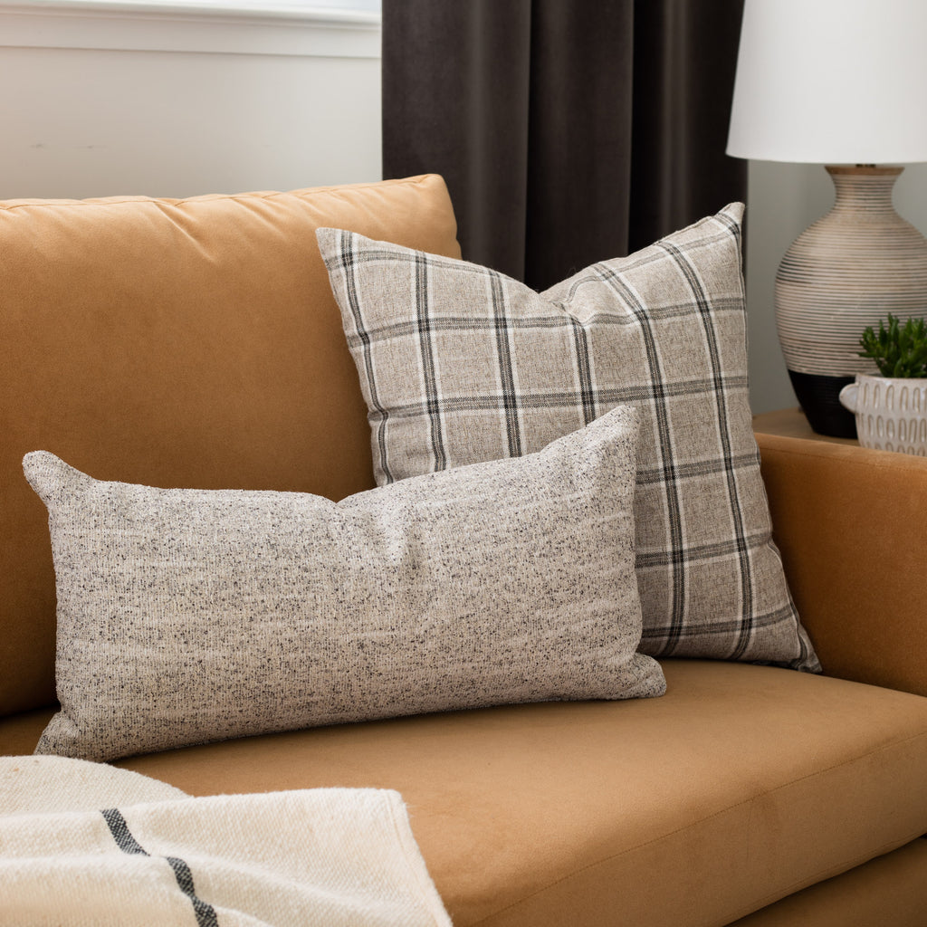 Grey sofa pillow combination : Nantucket Plaid Zinc and Heywood Pepper lumbar pillow