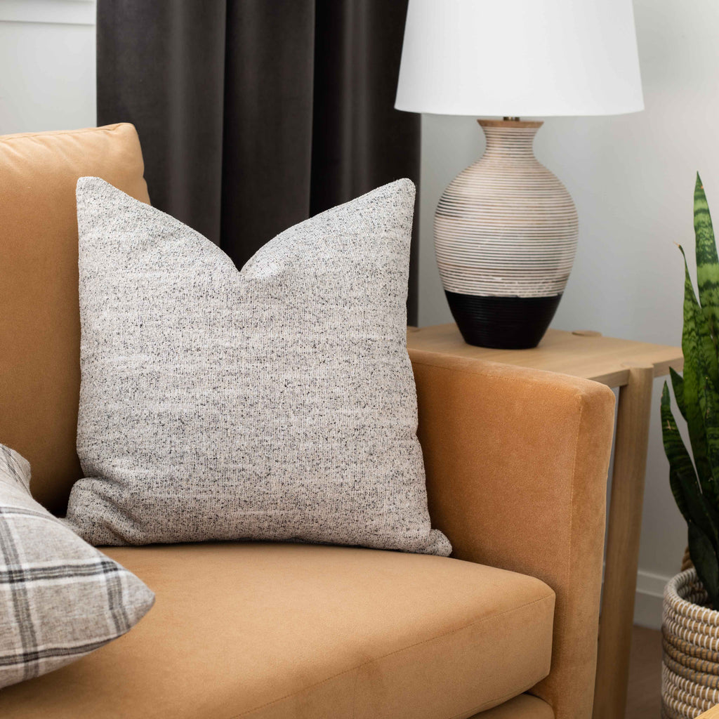 Warm earth tone and grey home decor : Heywood Pepper Pillow on Valentina Velvet Nutmeg sofa