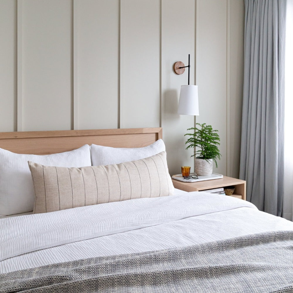 Dunrobin Stripe Bolster, Burlap, a cream with black stripe, extra long bed pillow from Tonic Living