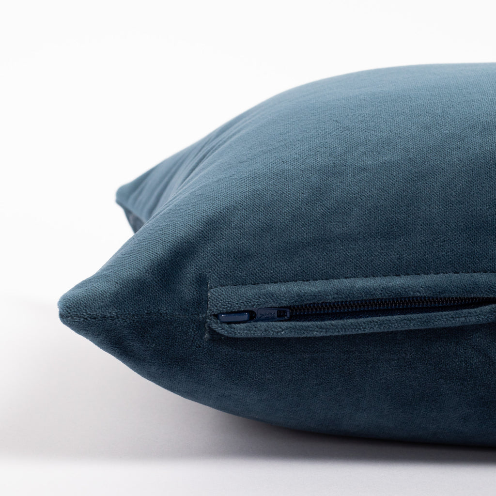 Mason Lakeland Blue velvet lumbar pillow close up zipper view