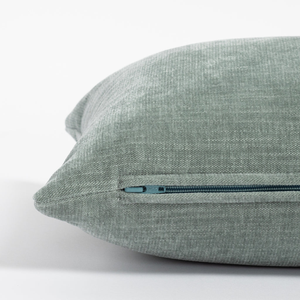 Orson Velvet 12x24 lumbar pillow, a neutral sage green velvet lumbar pillow : close up side zipper
