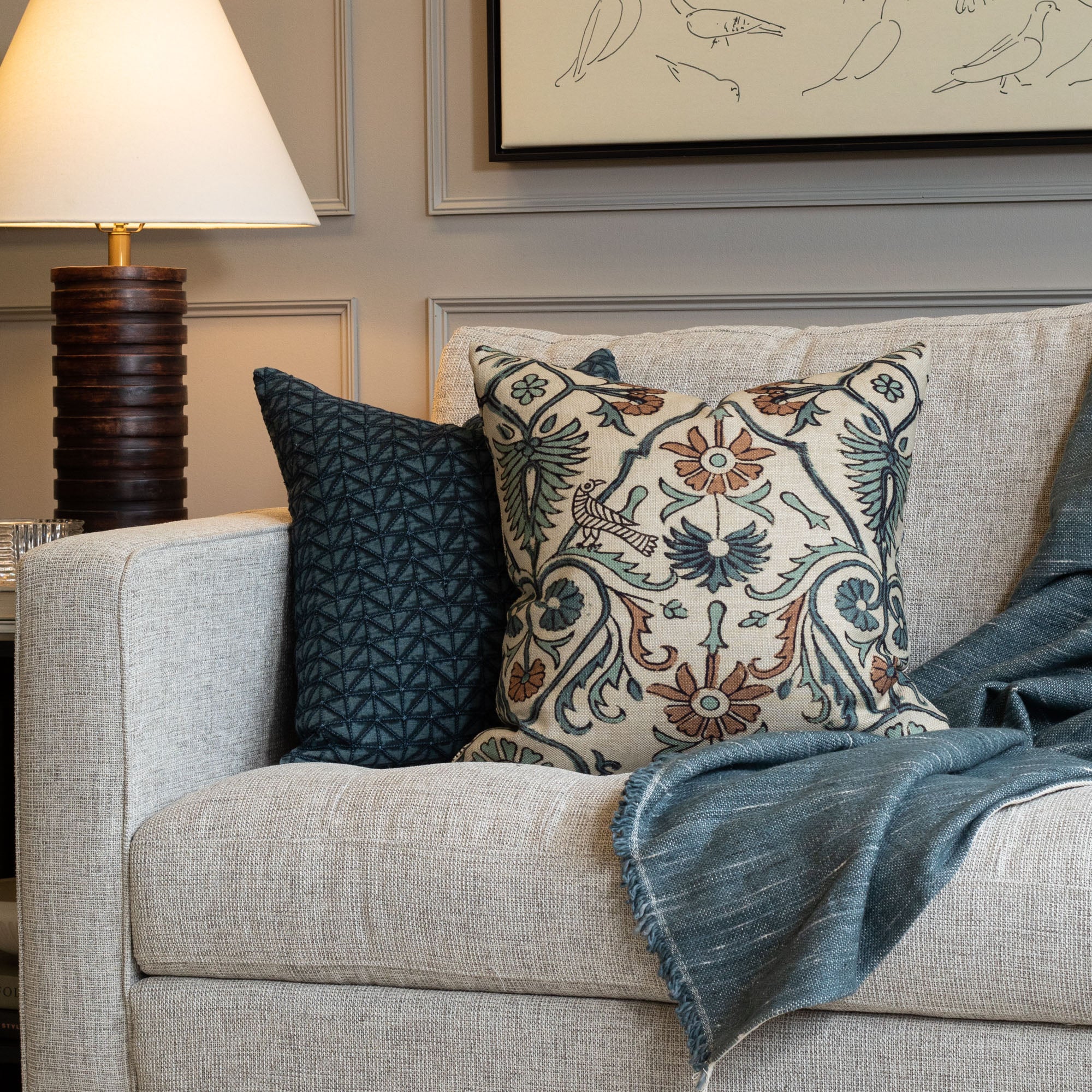 Earthy blue, brown and tan designer decorative pillows from Tonic living 