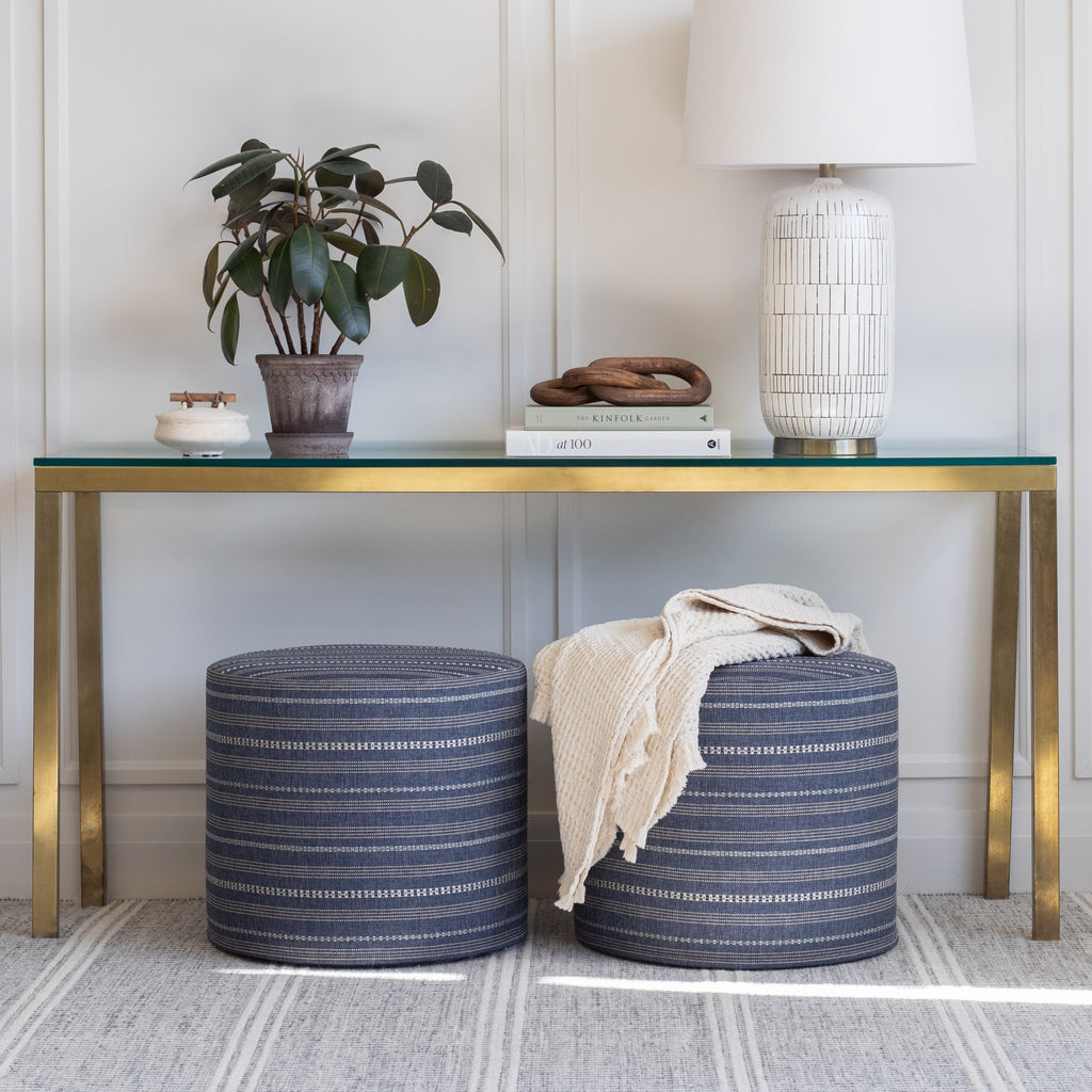 Entry console table vignette: Anya Stripe Denim blue high performance ottomans
